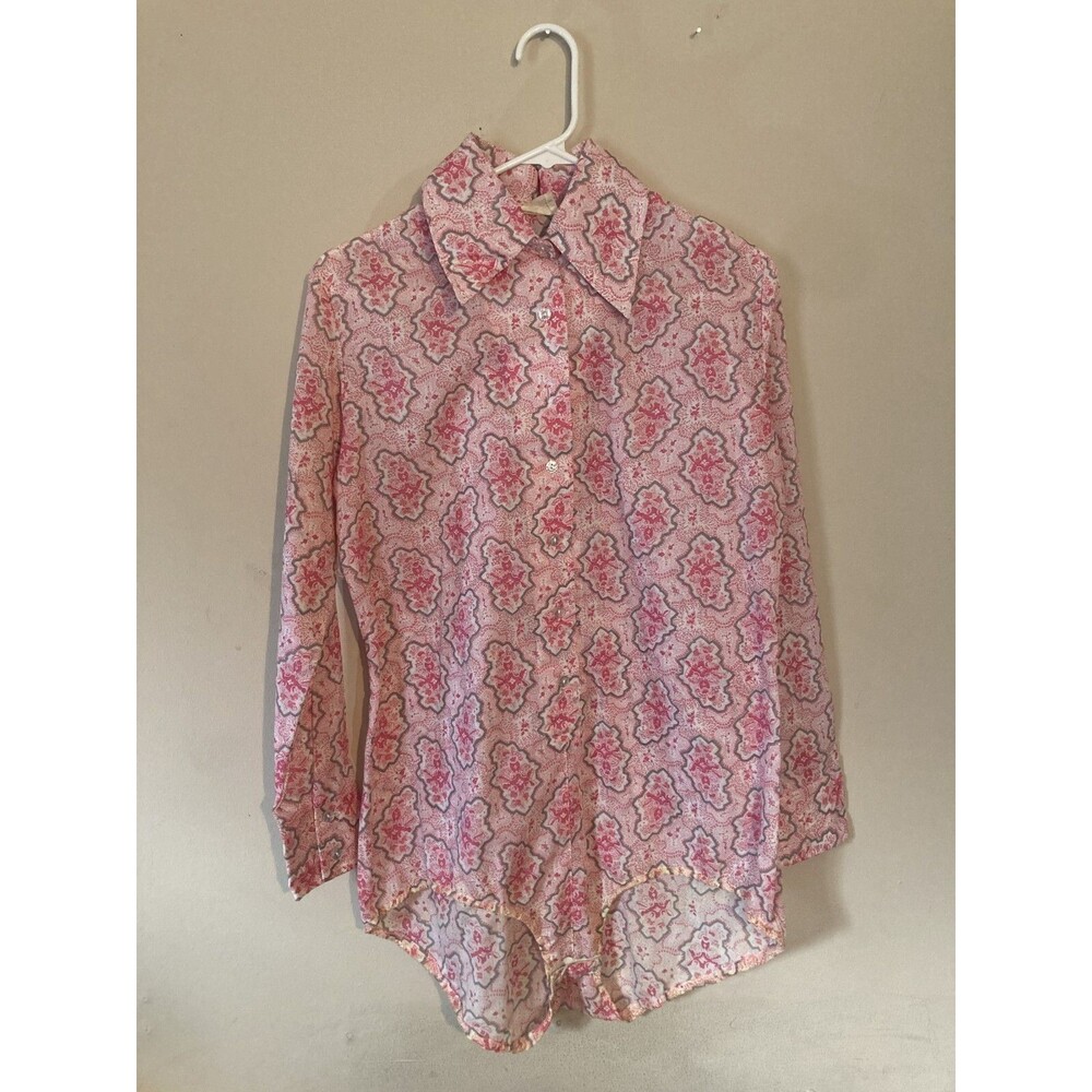 Vintage 70s Pink Multicolor Bodyshirt Button Down Unitard - size 36